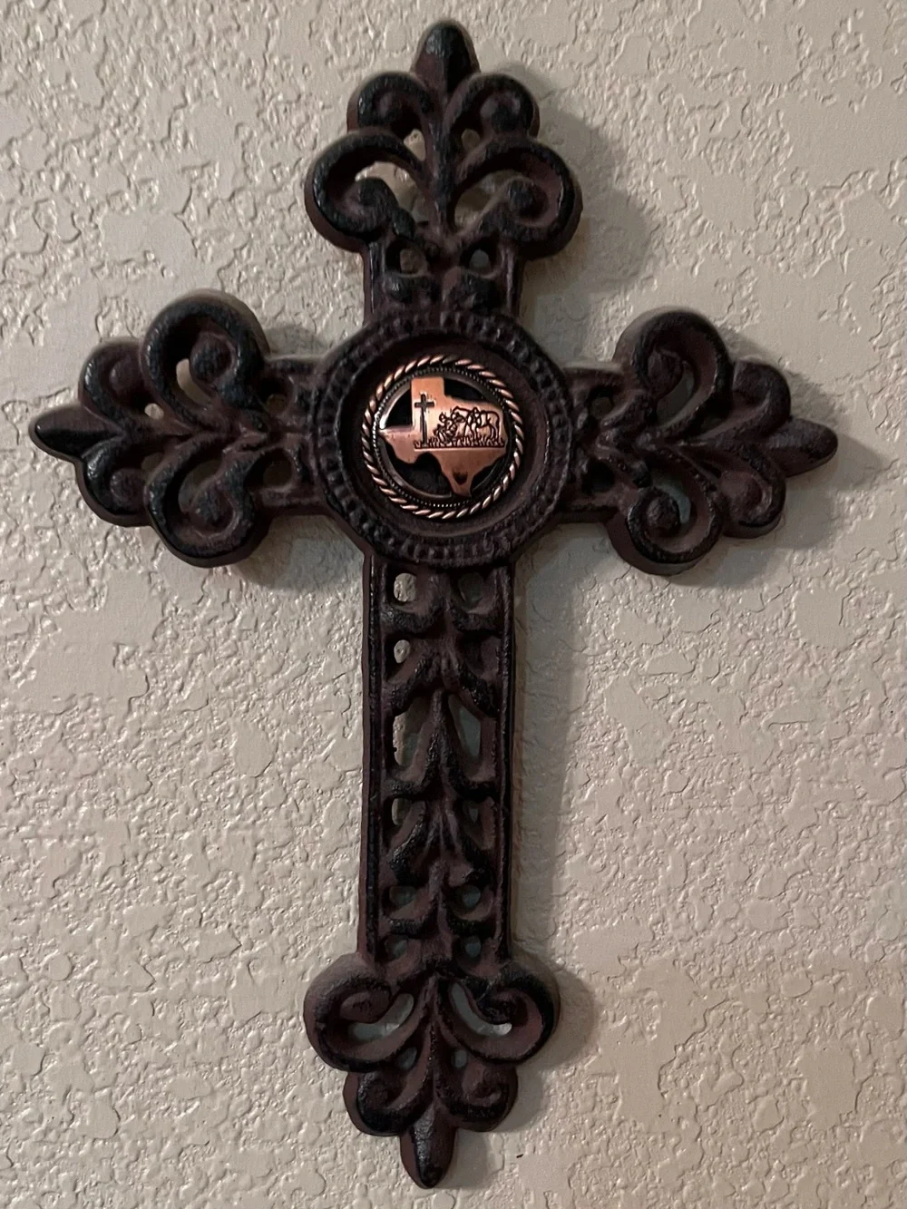 Decorative Rustic Brown Wall Cross with Copper Accent